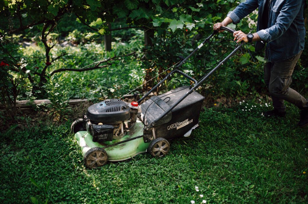 Garden and landscape maintenance, mowing a lawn
